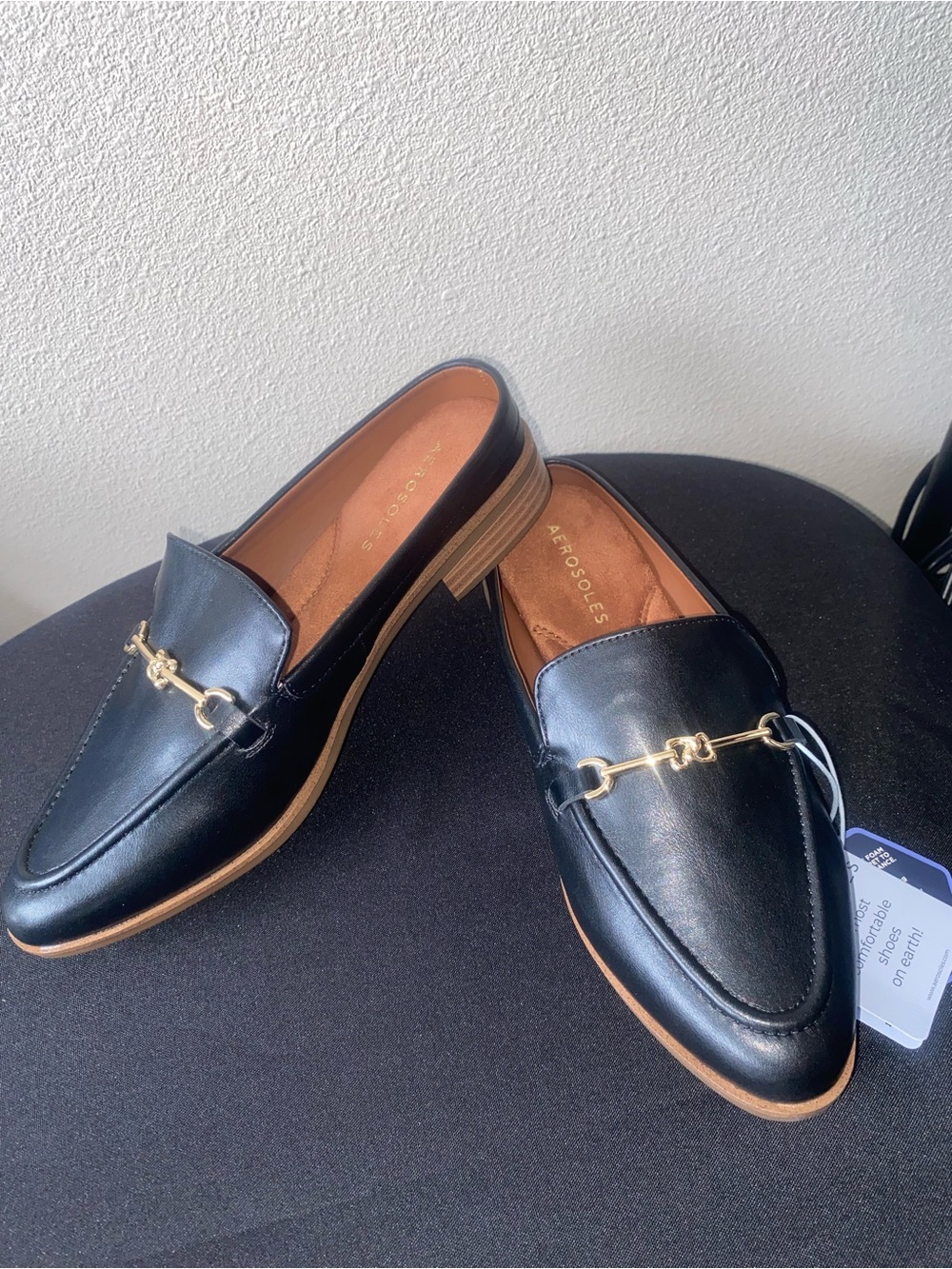 AEROSOLES Black Leather Loafers with Gold Hardware